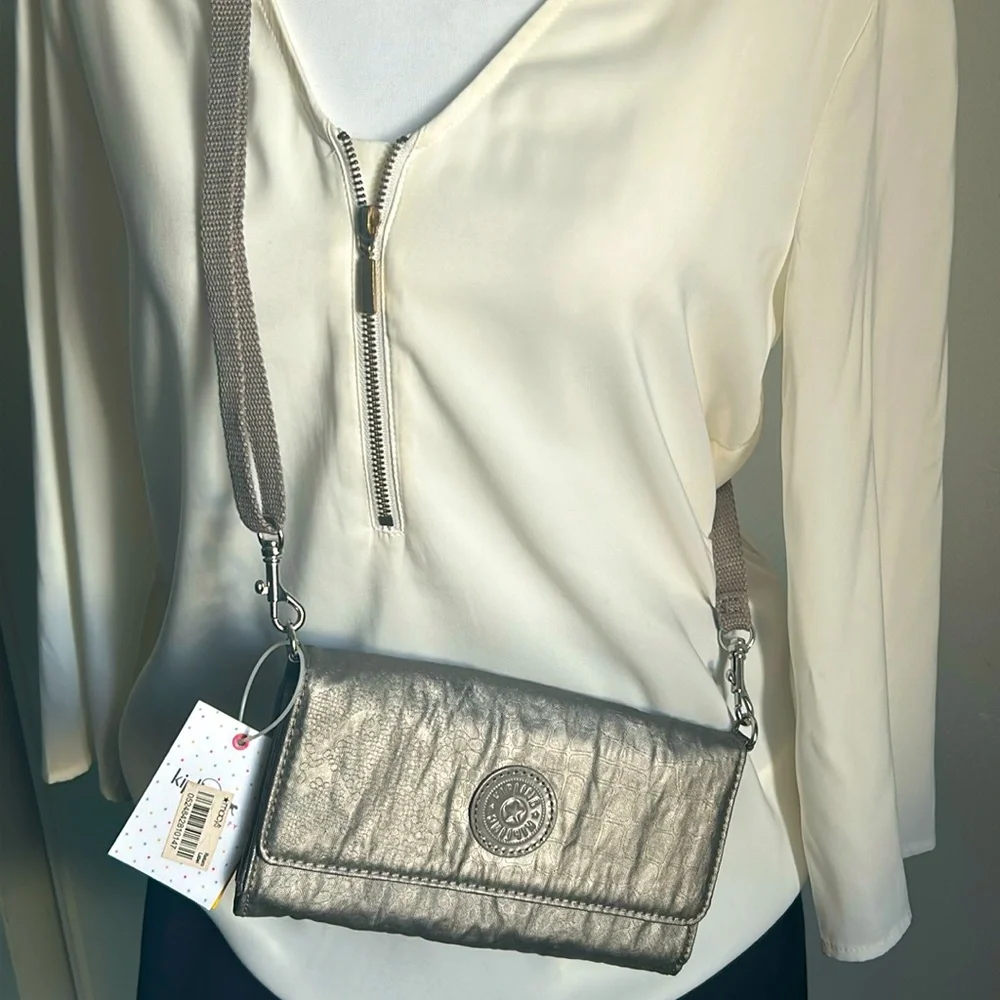 New Kipling Zuma Metallic Pewter Croc Embossed Crossbody Travel Organizer - Picture 13 of 13